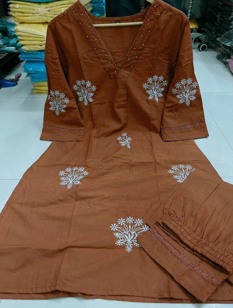 Brown Cotton Embroidered Office Wear Kurti Set